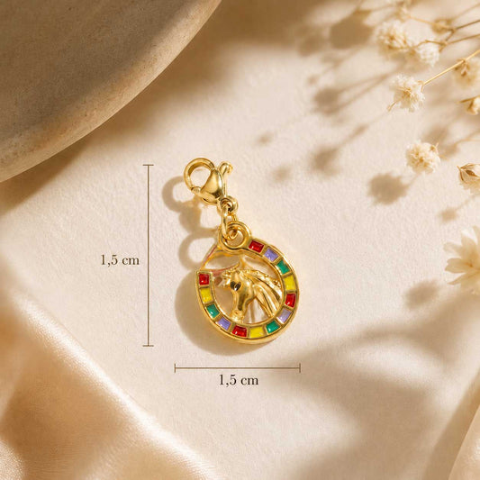 Goldener Hufeisen-Charm mit Maßangaben – 1,5 cm x 1,5 cm – bunte Emaille, Edelstahl – Saltyblush