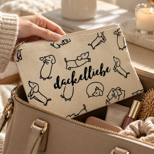 Eine Hand hält die beige Dackelliebe Kosmetiktasche mit schwarzen Dackelmotiven über einer geöffneten Handtasche mit Kosmetikprodukten und Haarbürste.
[AI]