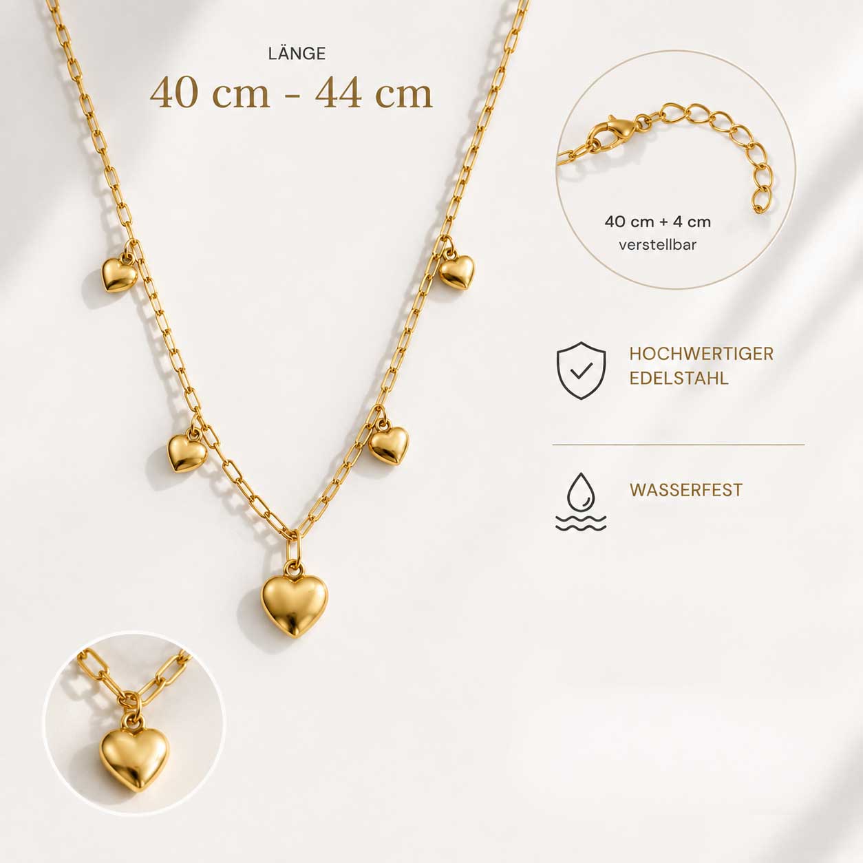 Goldene Halskette Amour Glow mit Herz-Charms – Länge 40–44 cm verstellbar, Edelstahl, wasserfest – Saltyblush
