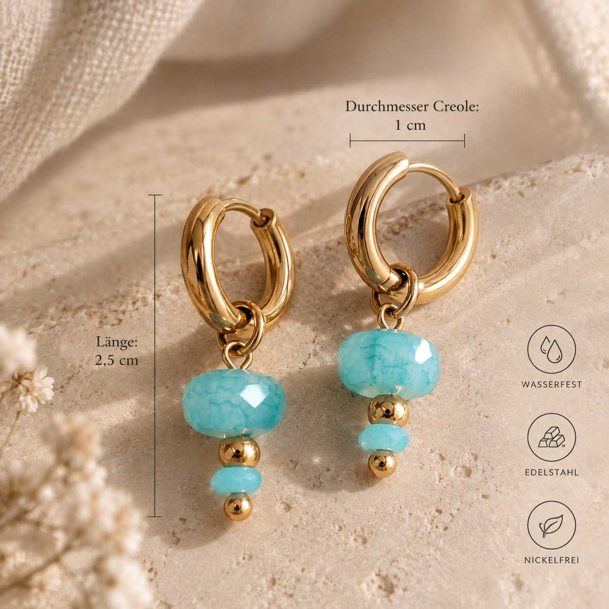 Maßbild der goldenen Aqua-Drop-Creolen mit einem Creolen-Durchmesser von 10 mm und einer Gesamtlänge von 2,5 cm
