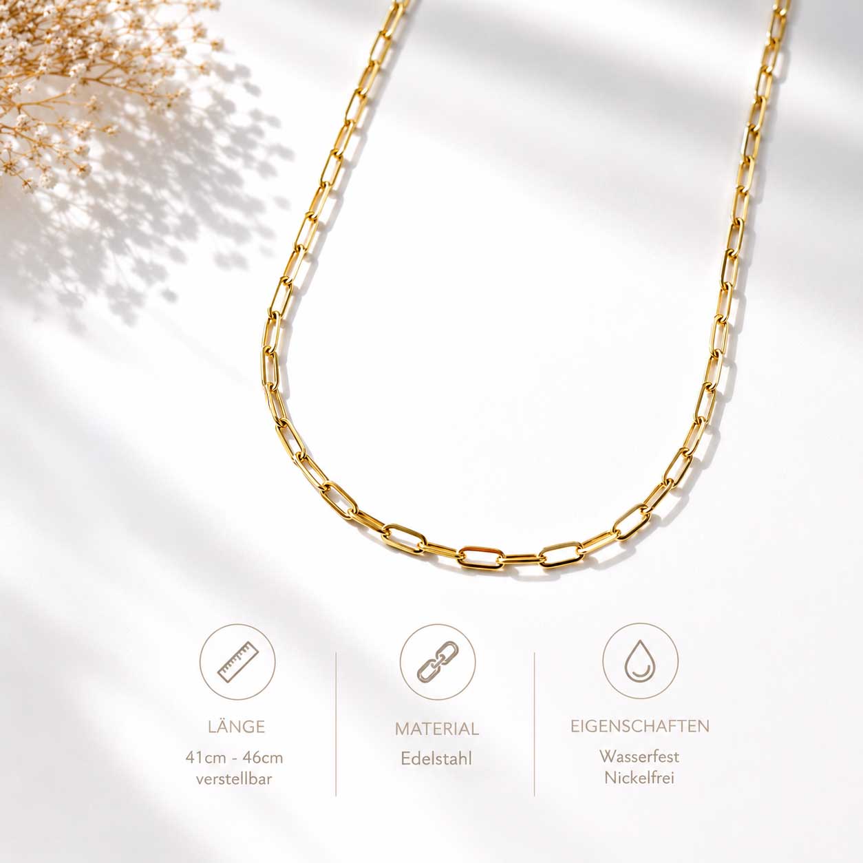 Goldene Paperclip-Halskette Infografik – Länge 41–46 cm verstellbar, Material Edelstahl, wasserfest und nickelfrei
