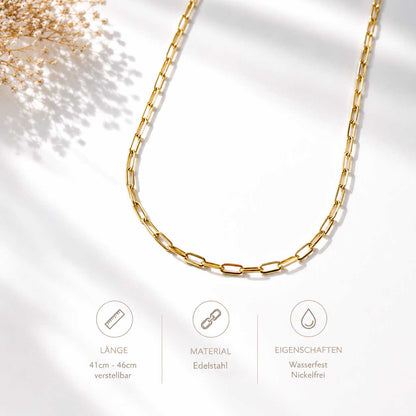 Goldene Paperclip-Halskette Infografik – Länge 41–46 cm verstellbar, Material Edelstahl, wasserfest und nickelfrei
