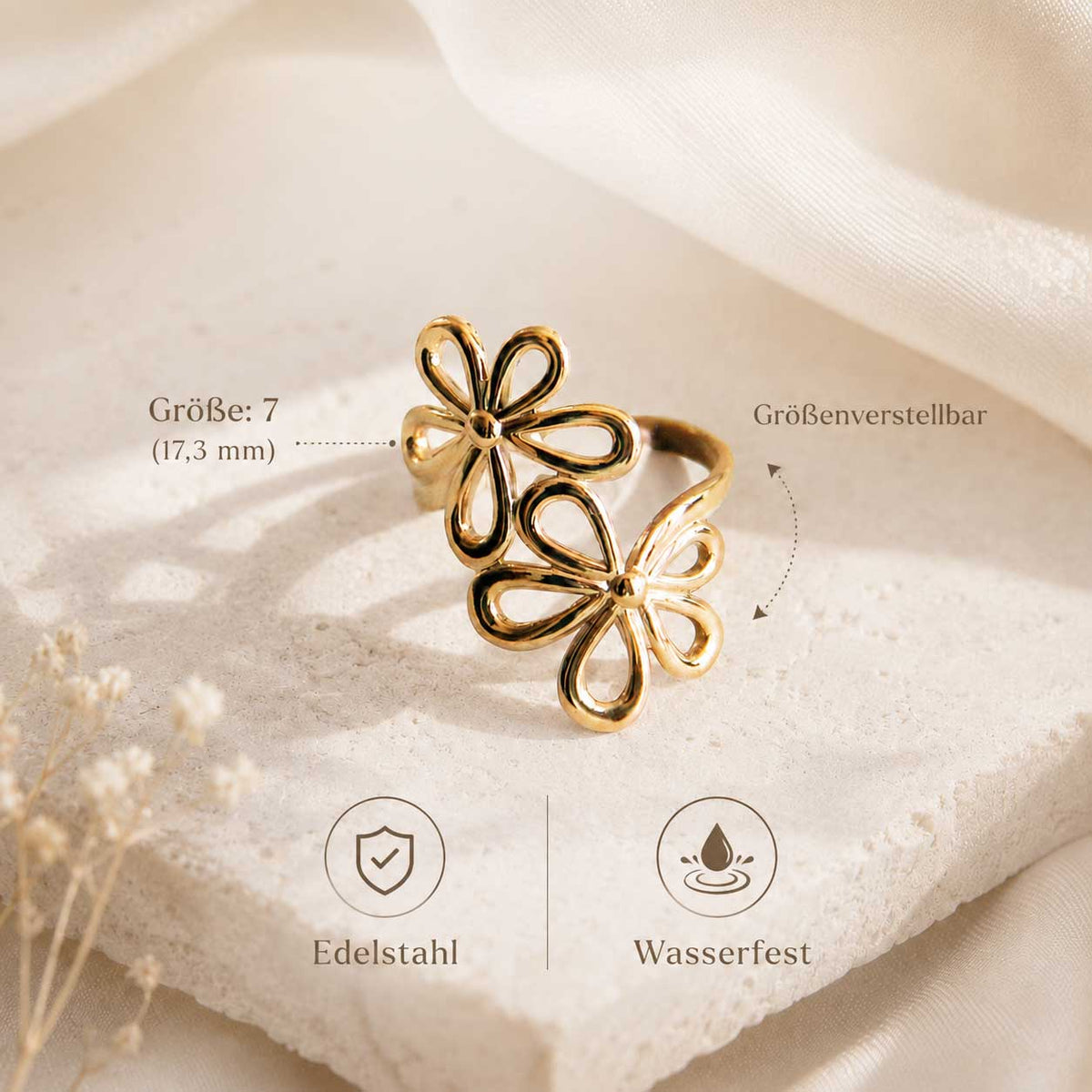 Blossom Glow Ring Detailbild – Größe 7 (17,3mm), größenverstellbar, Edelstahl & wasserfest, Saltyblush