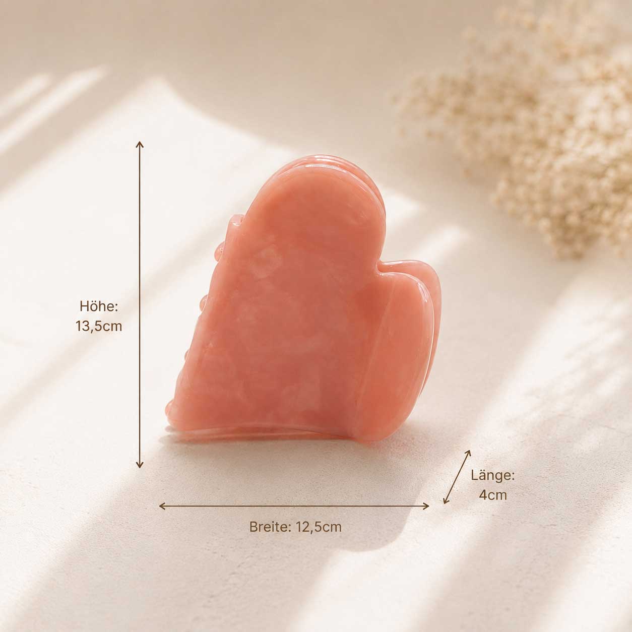 Rosa Herz Haarklammer mit Maßangaben: Höhe 13,5 cm, Breite 12,5 cm, Länge 4 cm – Saltyblush
