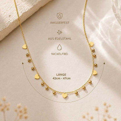 Blushheart Halskette Länge 42–47 cm verstellbar – goldene Edelstahlkette mit Herz- und Kugelanhängern, wasserfest, nickelfrei, von Saltyblush
