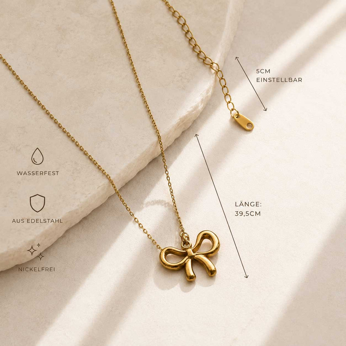 Bow Glow Halskette in Gold – Edelstahl mit Schleifen-Anhänger, Kettenlänge 39,5 cm + 5 cm verstellbar, nickelfrei

