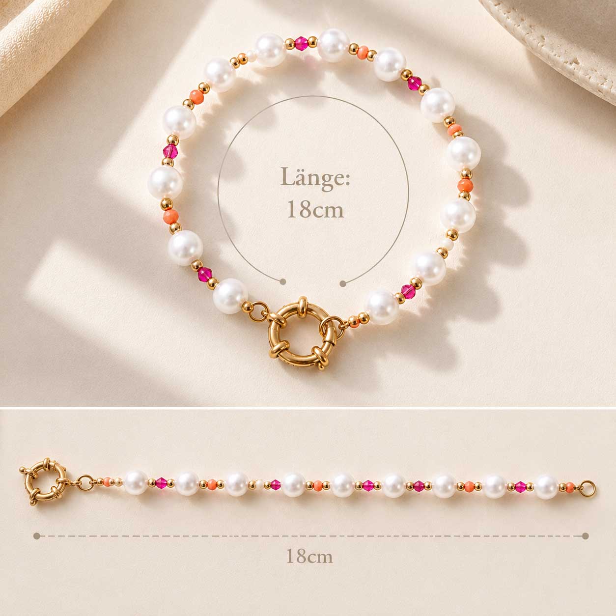 Candy Pearl Armband Infografik – Perlenarmband mit bunten Kristallen Länge 18 cm, Draufsicht und Seitenansicht mit goldenem Ringverschluss
