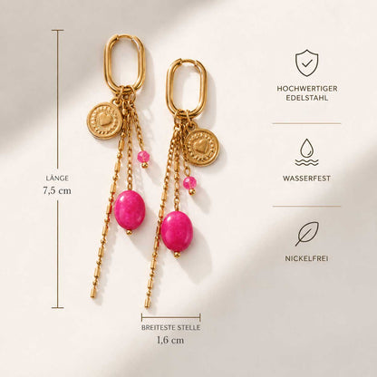 Goldene Ohrringe Golden Blush mit pinker Perle – Maße 7,5 cm Länge, Edelstahl, wasserfest, nickelfrei – Saltyblush
