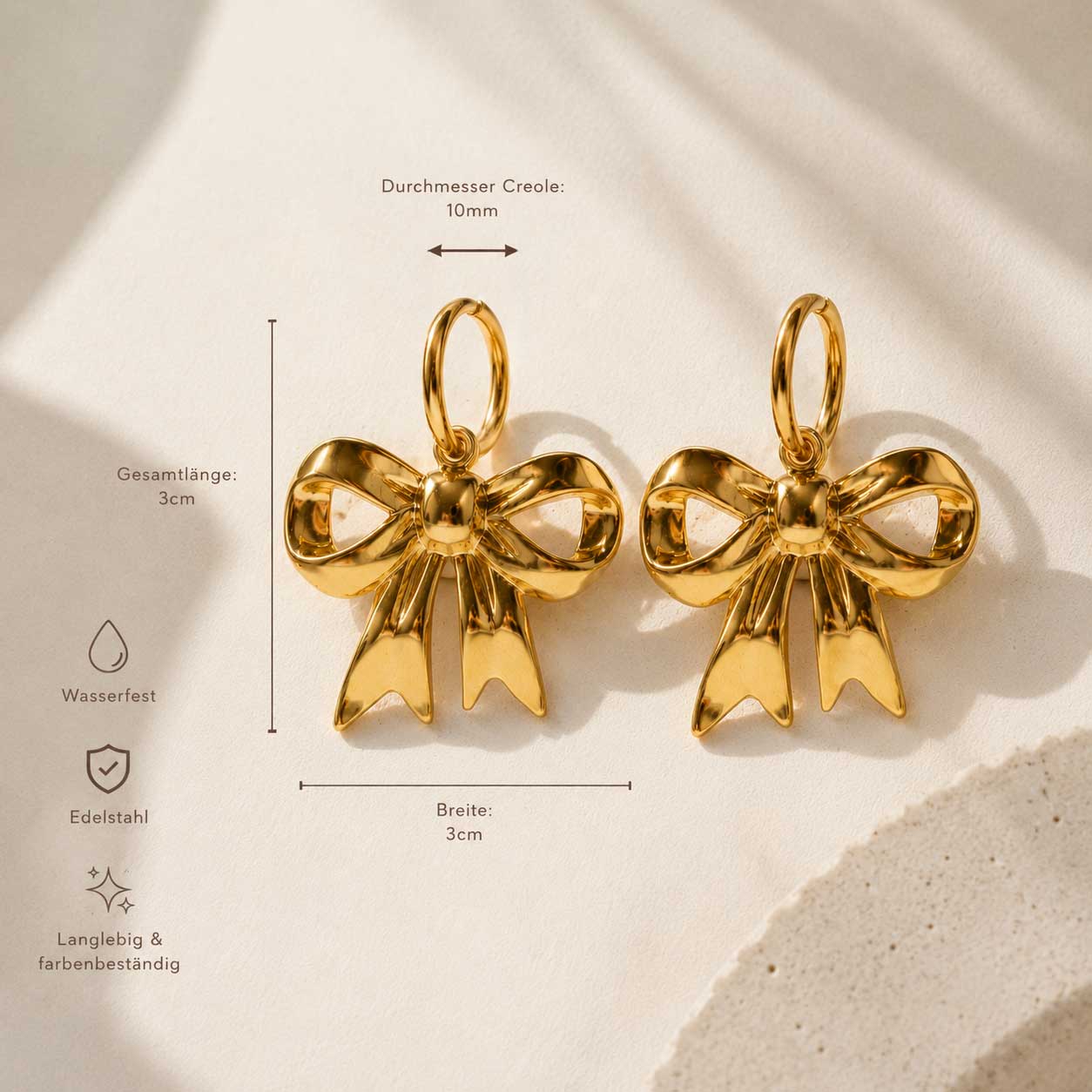 Goldene Schleifenohrringe Infografik – Gesamtlänge 3 cm, Breite 3 cm, Creolen-Durchmesser 10 mm, wasserfest, Edelstahl, langlebig und farbenbeständig
