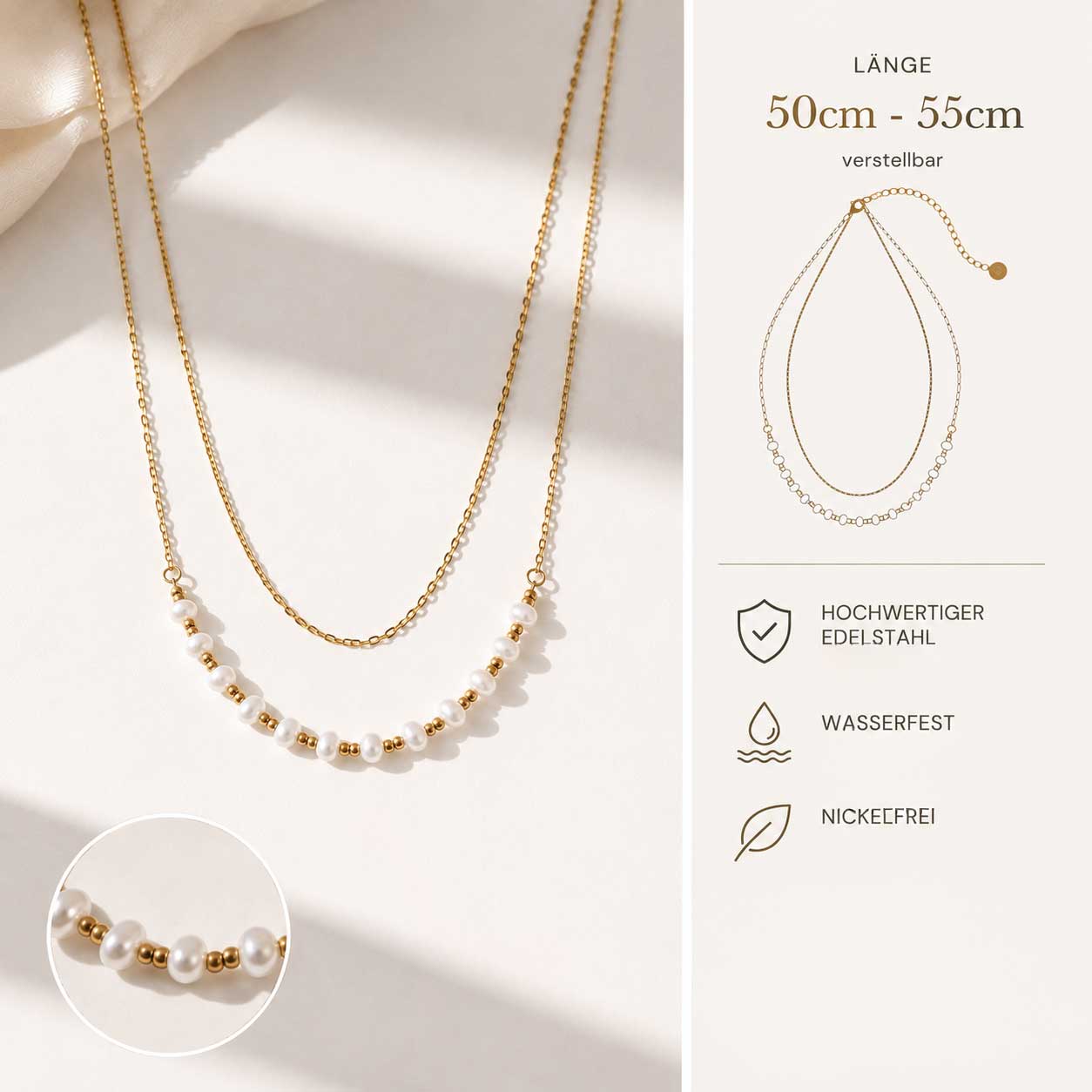 Goldenes Layering-Halsketten-Set Golden Duo – Styling-Ansicht, Edelstahl, Saltyblush
