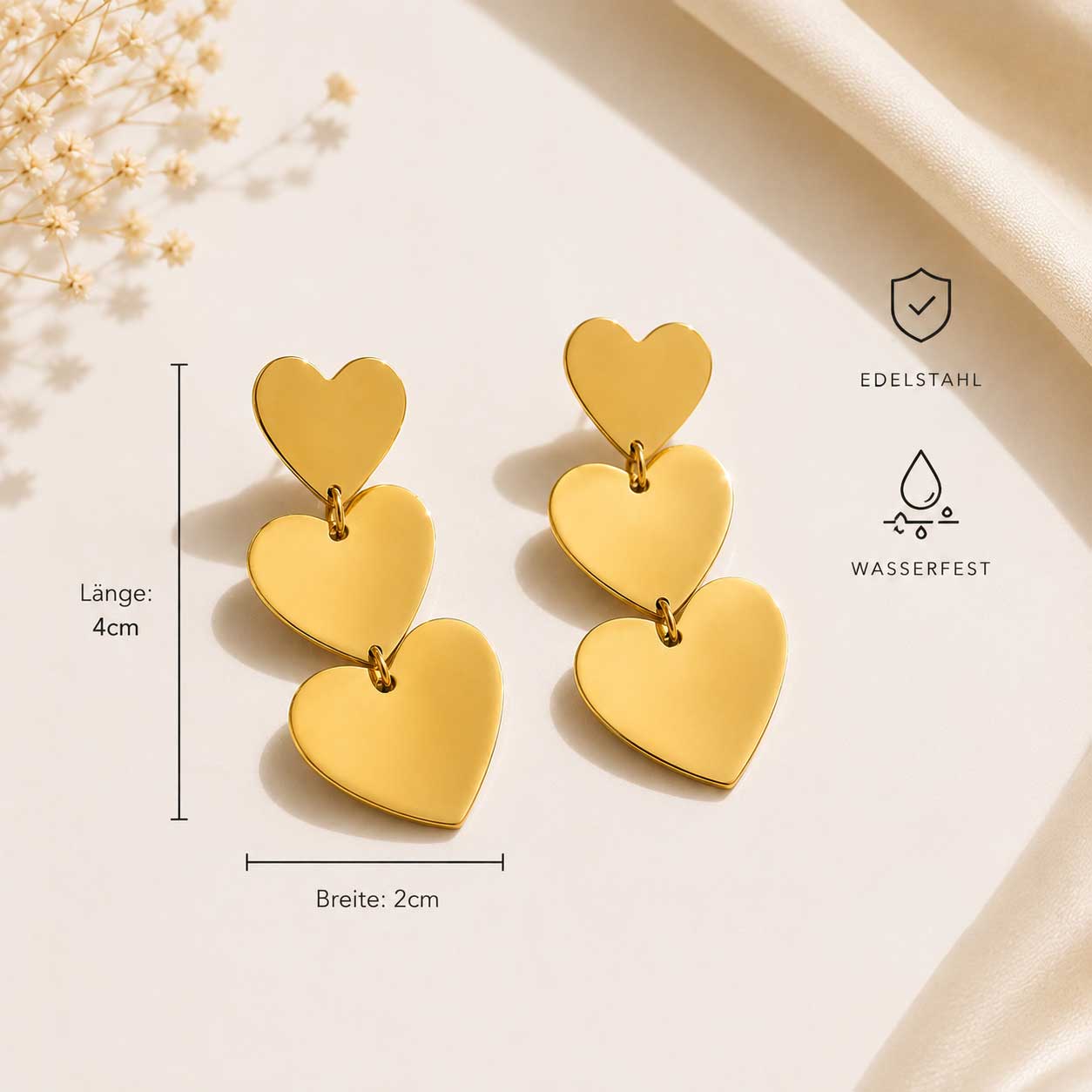 Golden Love Ohrringe aus Edelstahl, wasserfest, Länge 4cm, Breite 2cm
