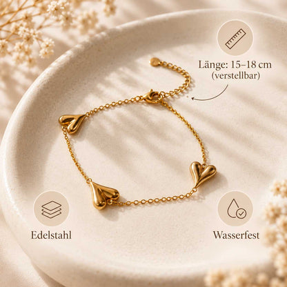 Goldenes Herzarmband golden love aus Edelstahl, verstellbar 15–18 cm, mit Verlängerungskette
