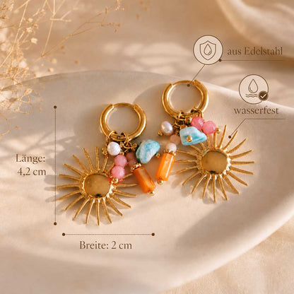 Goldene Ohrringe Golden Sun mit Maßangaben 4,2 cm Länge und 2 cm Breite, aus Edelstahl, wasserfest – Saltyblush
