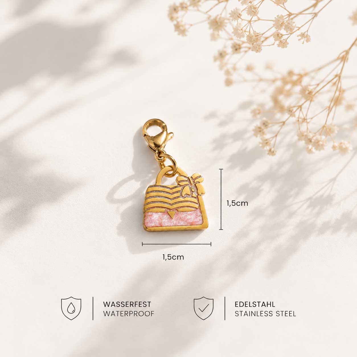 Rosa Handtaschen-Charm an Halskette oder Armband – feminines Statement-Piece, Saltyblush
