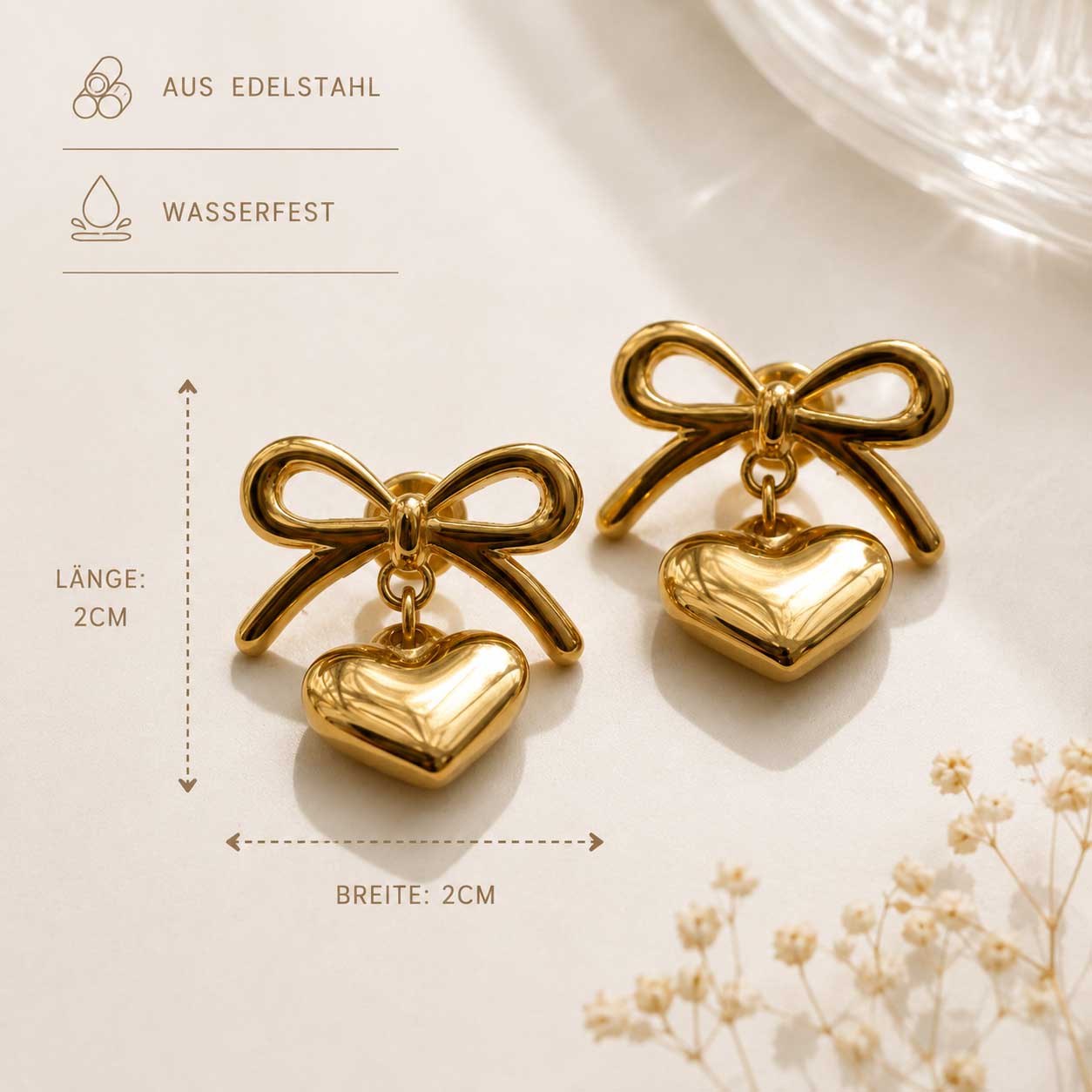 Goldene Heart Bow Ohrringe aus Edelstahl, wasserfest, Länge 2 cm, Breite 2 cm – Saltyblush
