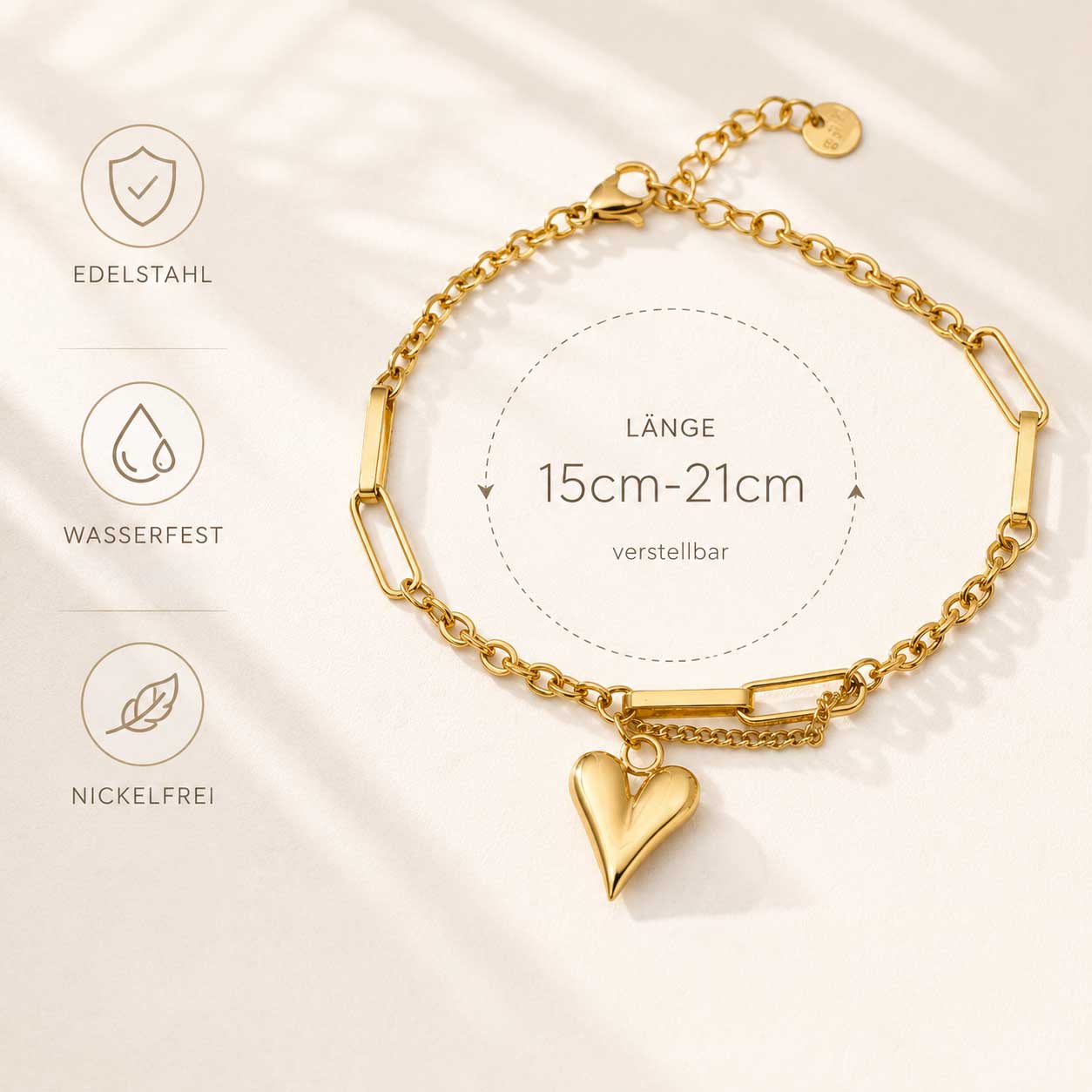 Heartwave Armband Länge 15–21 cm verstellbar – goldenes Edelstahlarmband mit Herzanhänger, wasserfest, nickelfrei, von Saltyblush
