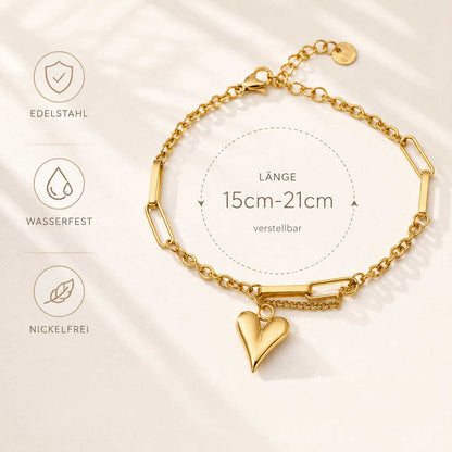 Heartwave Armband Länge 15–21 cm verstellbar – goldenes Edelstahlarmband mit Herzanhänger, wasserfest, nickelfrei, von Saltyblush
