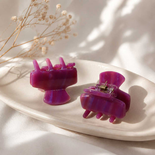 Zwei Mini Berry Haarklammern in Beere-Lila aus Acryl auf weißem Tablett mit Trockenblumen – Saltyblush
