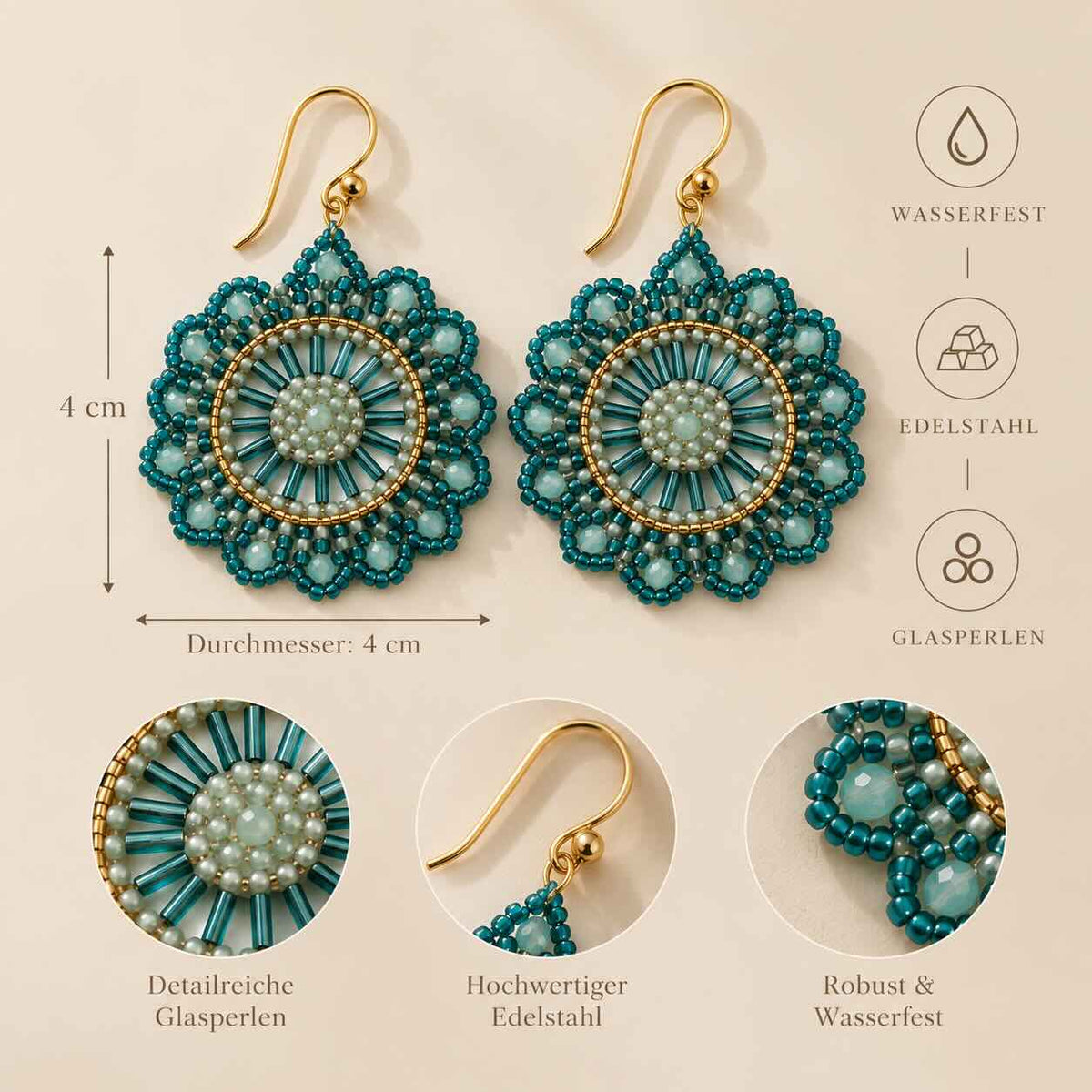 Ocean Mandala goldene Perlenohrringe mit Maßangaben – Durchmesser 4 cm, Edelstahl, wasserfest, Glasperlen, Infografik auf Travertin-Stein mit Schleierkraut, warmes Licht
