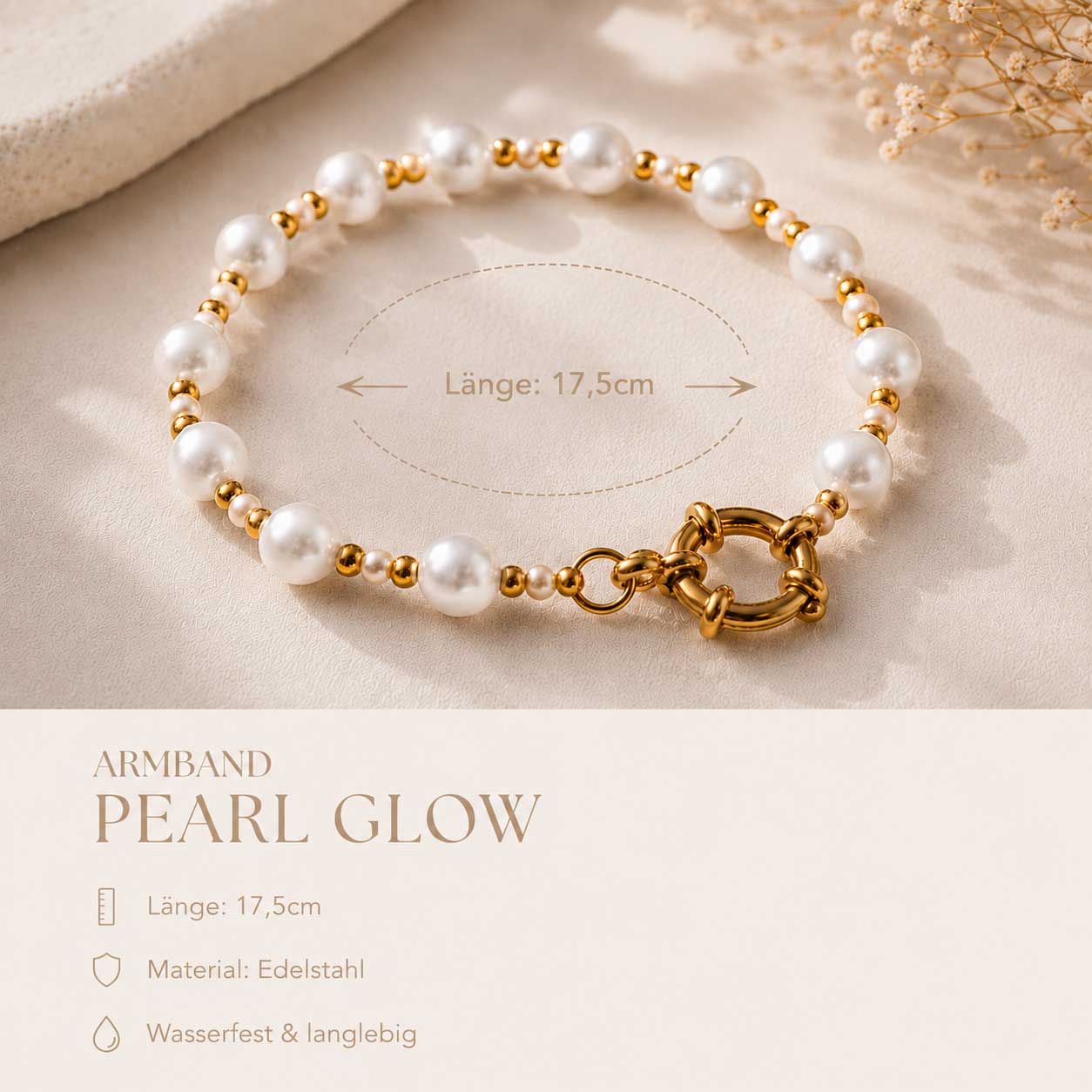 Pearl Glow Armband Infografik – Perlenarmband mit weißen Süßwasserperlen Länge 17,5 cm, Material Edelstahl, wasserfest und langlebig mit goldenem Ringverschluss
