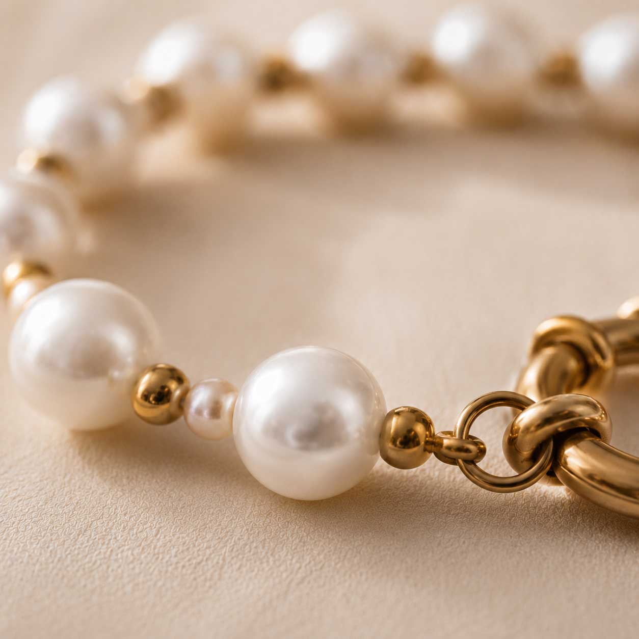 Nahaufnahme des Pearl Glow Armbands – Detailansicht weißer Süßwasserperlen mit goldenen Rocailles und vergoldetem Edelstahl-Ringverschluss auf cremefarbenem Untergrund
