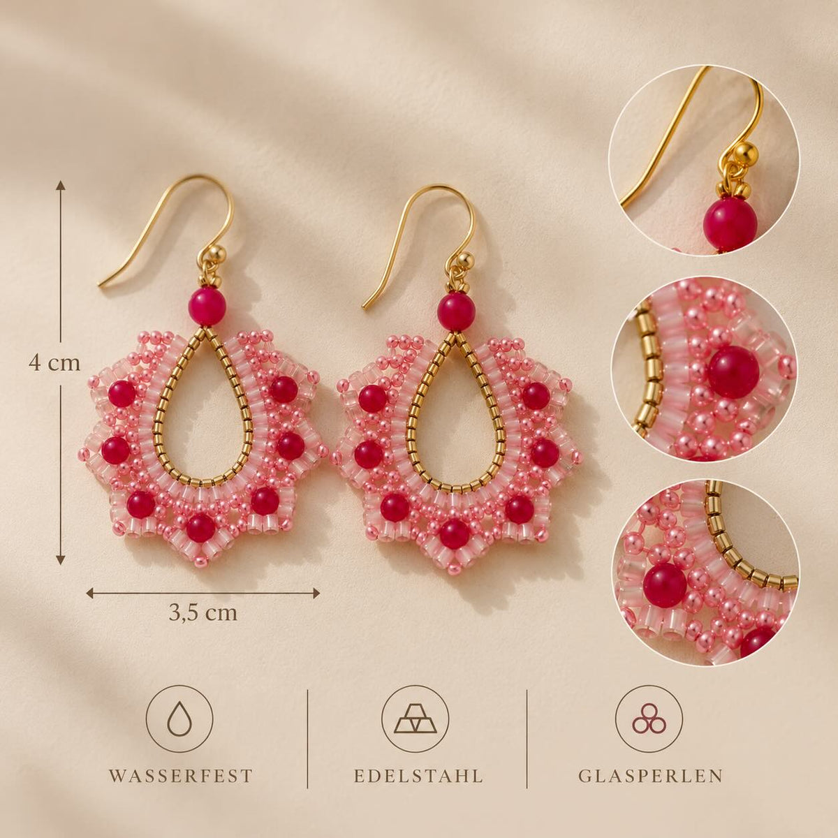 Pink Petal goldene Perlenohrringe mit Maßen – Länge 4 cm, Breite 3,5 cm, Edelstahl, wasserfest, Glasperlen in Rosa und Pink, Produktbild mit Infografik