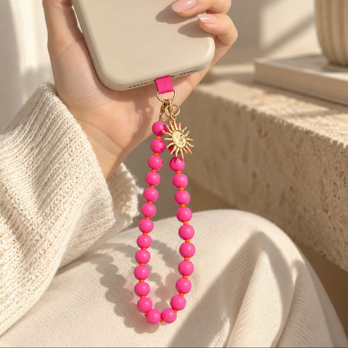 Pinkfarbener Perlen-Phone-Charm mit goldenem Sonnenanhänger hängt an einer hellen Handyhülle, die in der Hand gehalten wird.
