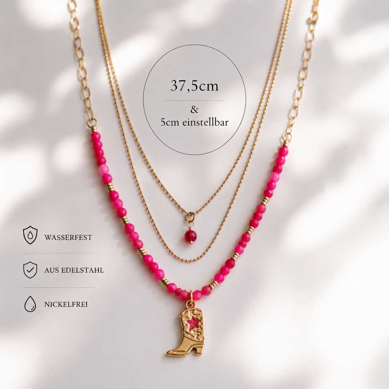 Pink Western Halsketten-Set mit Maßangabe 37,5 cm und 5 cm einstellbar sowie Hinweisen wasserfest, Edelstahl und nickelfrei – Saltyblush
