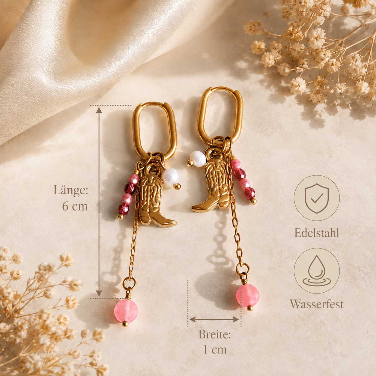 Detailaufnahme Pink Western – Perlen, Natursteine in Pink & Dunkelrot, Goldveredelung
