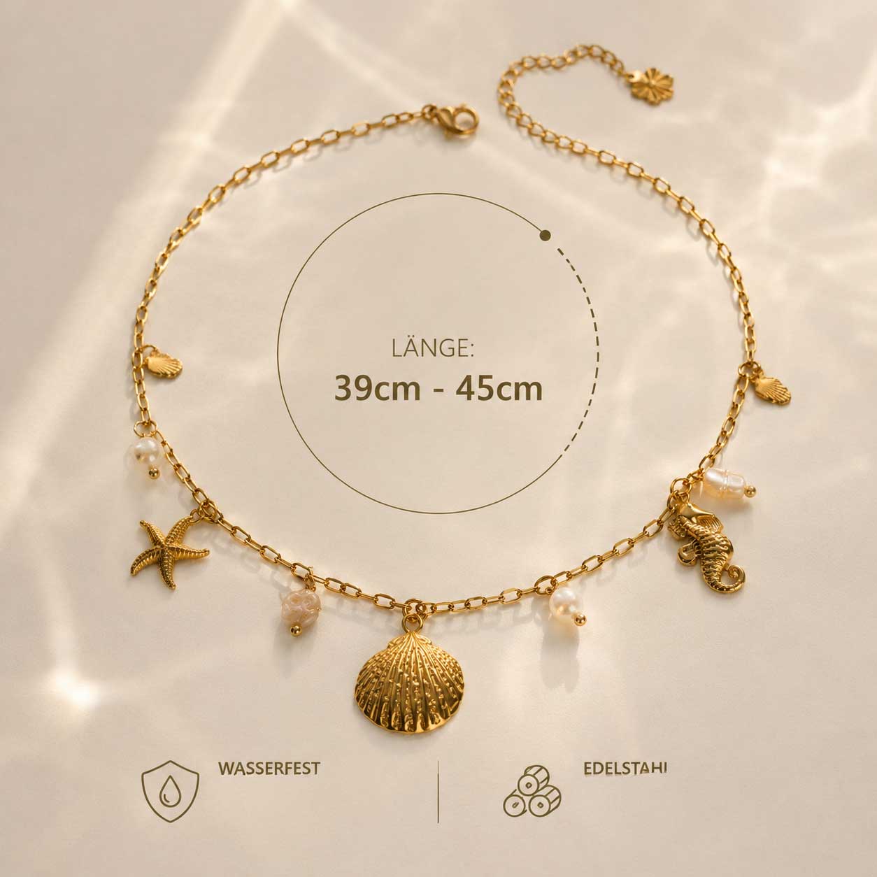 Salt Breeze Halskette Länge 39–45 cm verstellbar – goldene Edelstahlkette mit maritimen Charms, wasserfest, aus Edelstahl, von Saltyblush, Infografik mit Größenangaben
