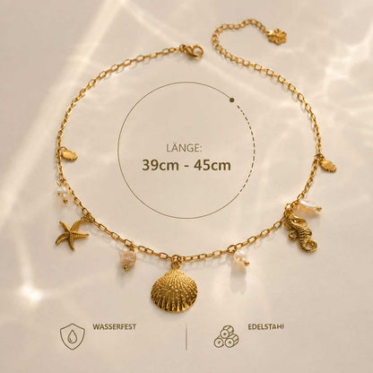 Salt Breeze Halskette Länge 39–45 cm verstellbar – goldene Edelstahlkette mit maritimen Charms, wasserfest, aus Edelstahl, von Saltyblush, Infografik mit Größenangaben
