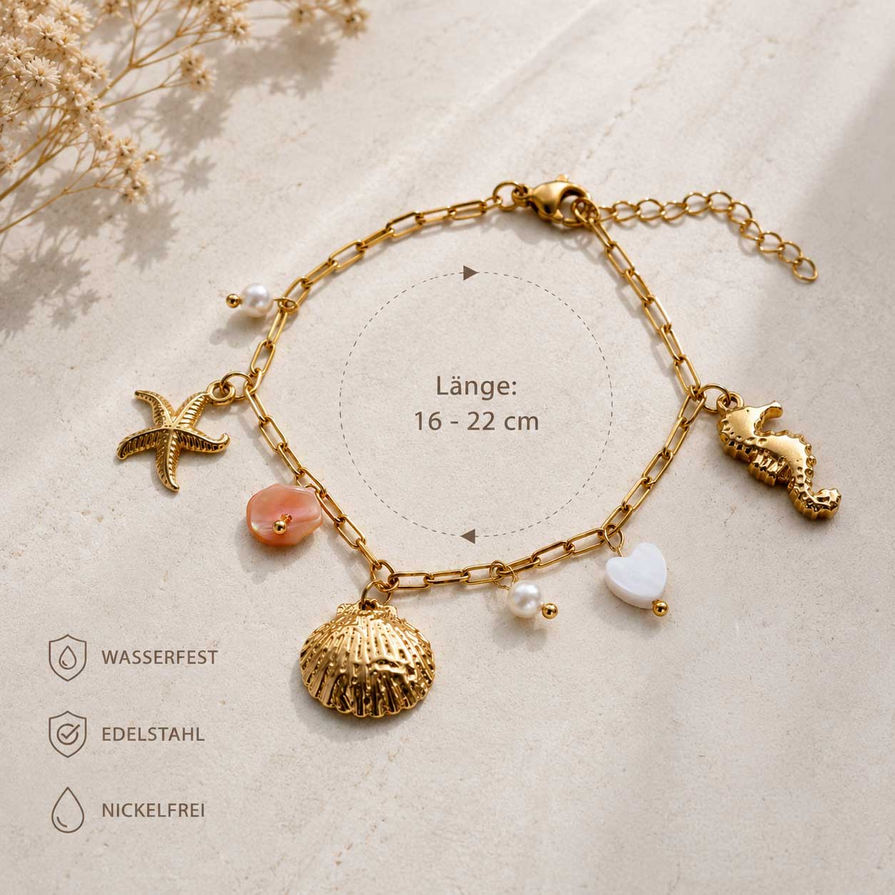 Goldenes Charm-Armband Infografik – Länge 16–22 cm verstellbar, wasserfest, Edelstahl, nickelfrei, mit Muschel, Seestern, Seepferdchen, rosa Perlmutt, weißem Herz und Perlen
