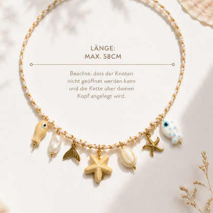 Salty Star Halskette Länge max. 58 cm – maritime Charm-Kette von Saltyblush, wird über den Kopf angelegt, 7 Charms aus Edelstahl, Infografik mit Größenangabe
