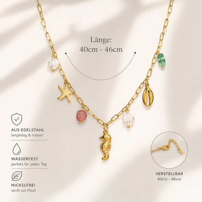 Sea Kiss goldene Charm-Halskette aus Edelstahl, wasserfest, nickelfrei, verstellbar 40–46 cm
