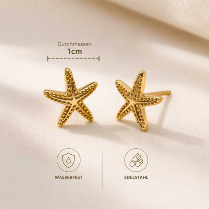 Sea Spirit Ohrringe Durchmesser 1 cm – goldene Seestern Stecker aus Edelstahl, wasserfest, nickelfrei, von Saltyblush, Infografik mit Größenangabe
