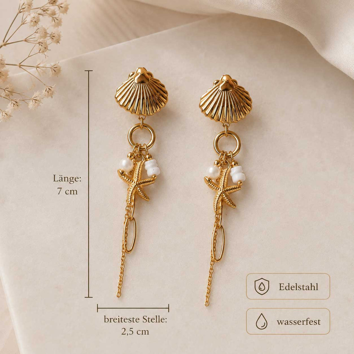 Seashell Glow Ohrringe Gold mit Maßangaben: 7 cm Länge, 2,5 cm Breite – Edelstahl, wasserfest – Saltyblush
