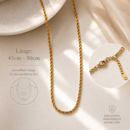Goldene Rope-Halskette Infografik – Kordelkette Länge 45–50 cm verstellbar, Edelstahl wasserfest und nickelfrei, mit Karabinerverschluss und Verlängerungskette
