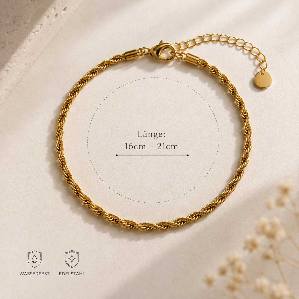 Soft Twist Armband Gold mit Maßangabe: verstellbar 16–21 cm – Edelstahl, wasserfest – Saltyblush
