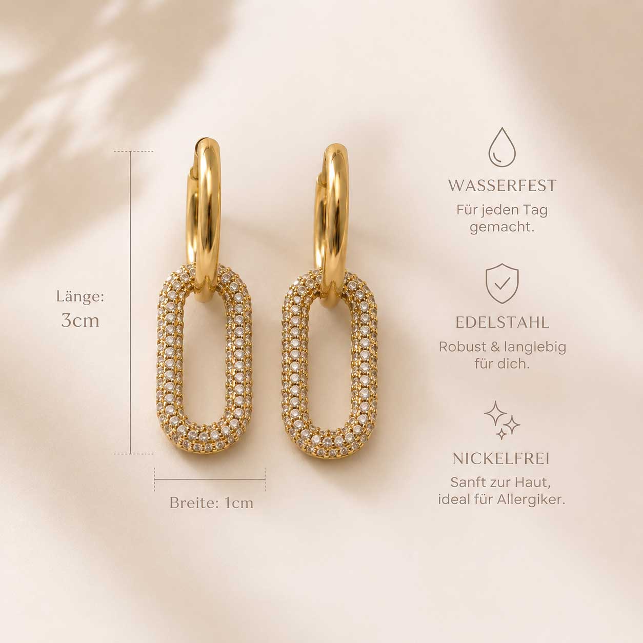 Goldene Sparkle Hoops Ohrringe mit Maßangaben 3cm x 1cm – wasserfest, Edelstahl, nickelfrei – Saltyblush
