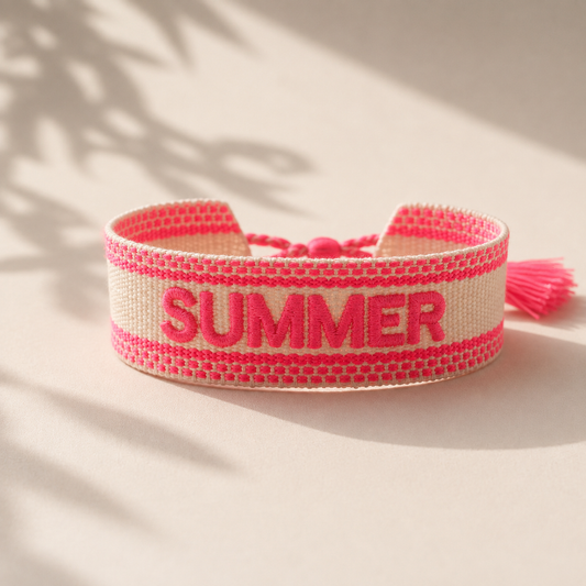 Summer Statement Armband in Creme und Neonpink mit Quaste – gewebtes Armband mit Aufschrift, Saltyblush
