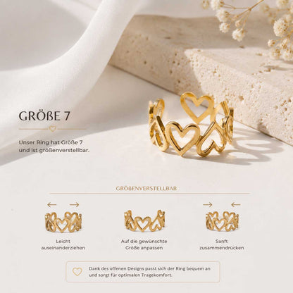 Goldener Herzring Größe 7, größenverstellbarer Ring – Infografik zeigt Anleitung zum Weiten und Engen des Rings
